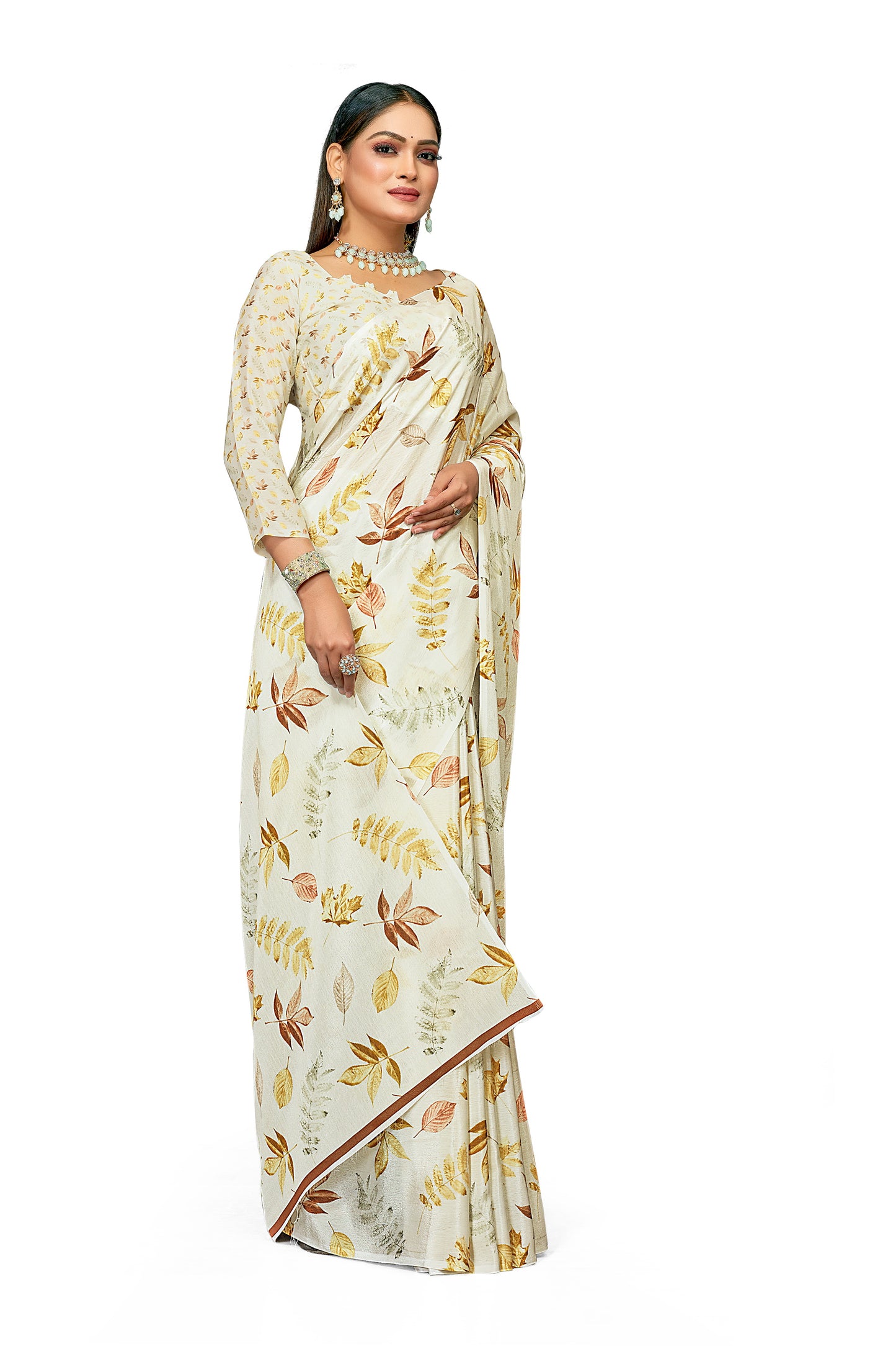 Gold Leaf Designer Digital Print Satin Saree For Women