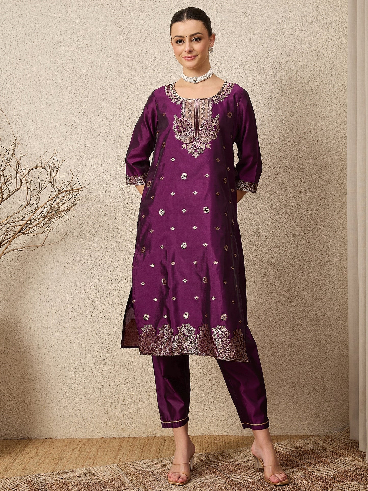Wine Silk Jacquard Kurta Set with Dupatta