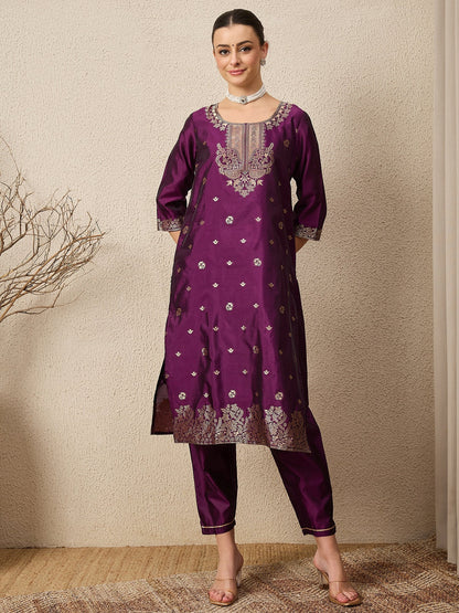 Wine Silk Jacquard Kurta Set with Dupatta