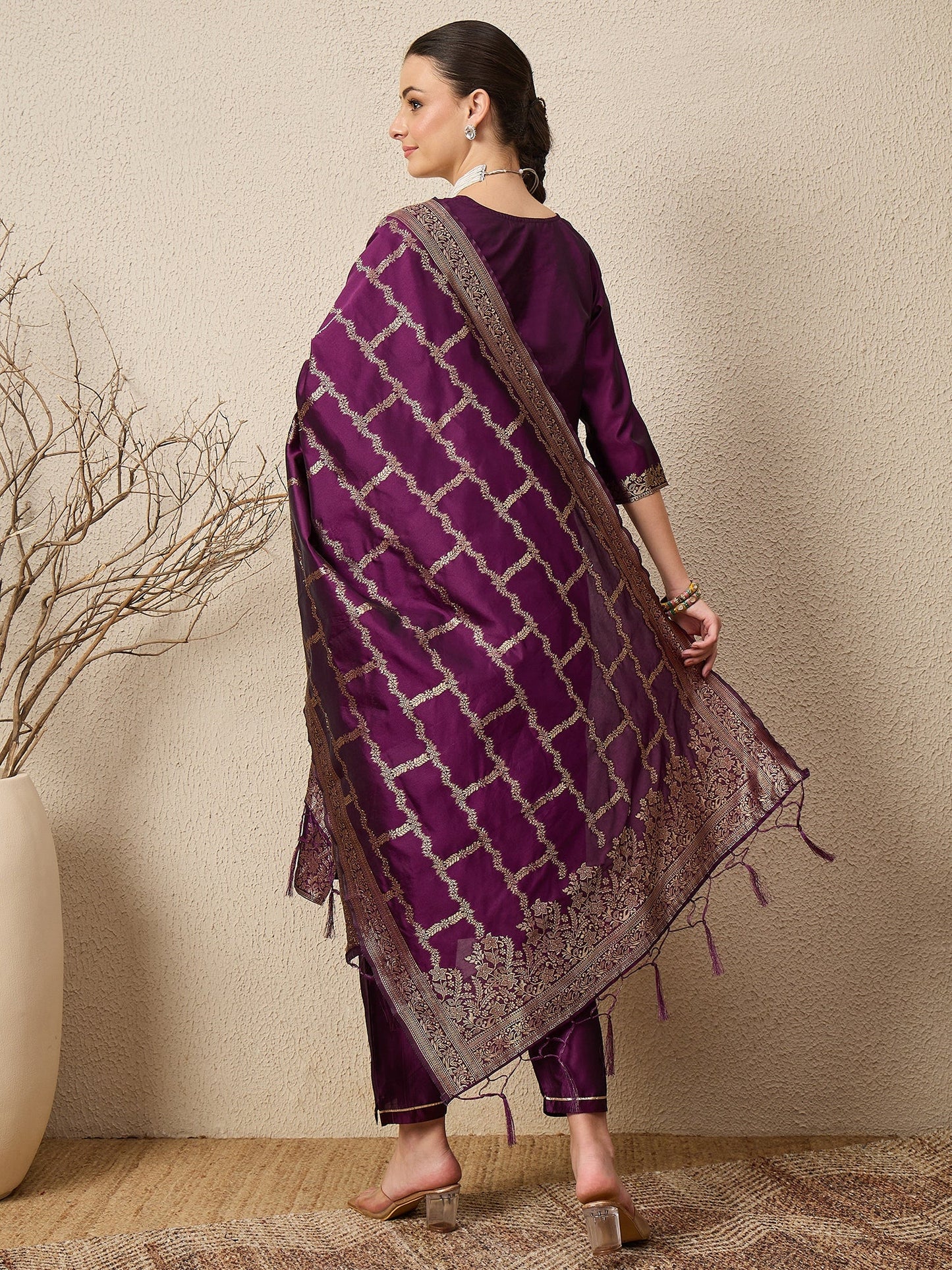 Wine Silk Jacquard Kurta Set with Dupatta