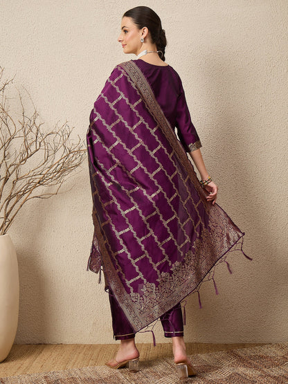 Wine Silk Jacquard Kurta Set with Dupatta