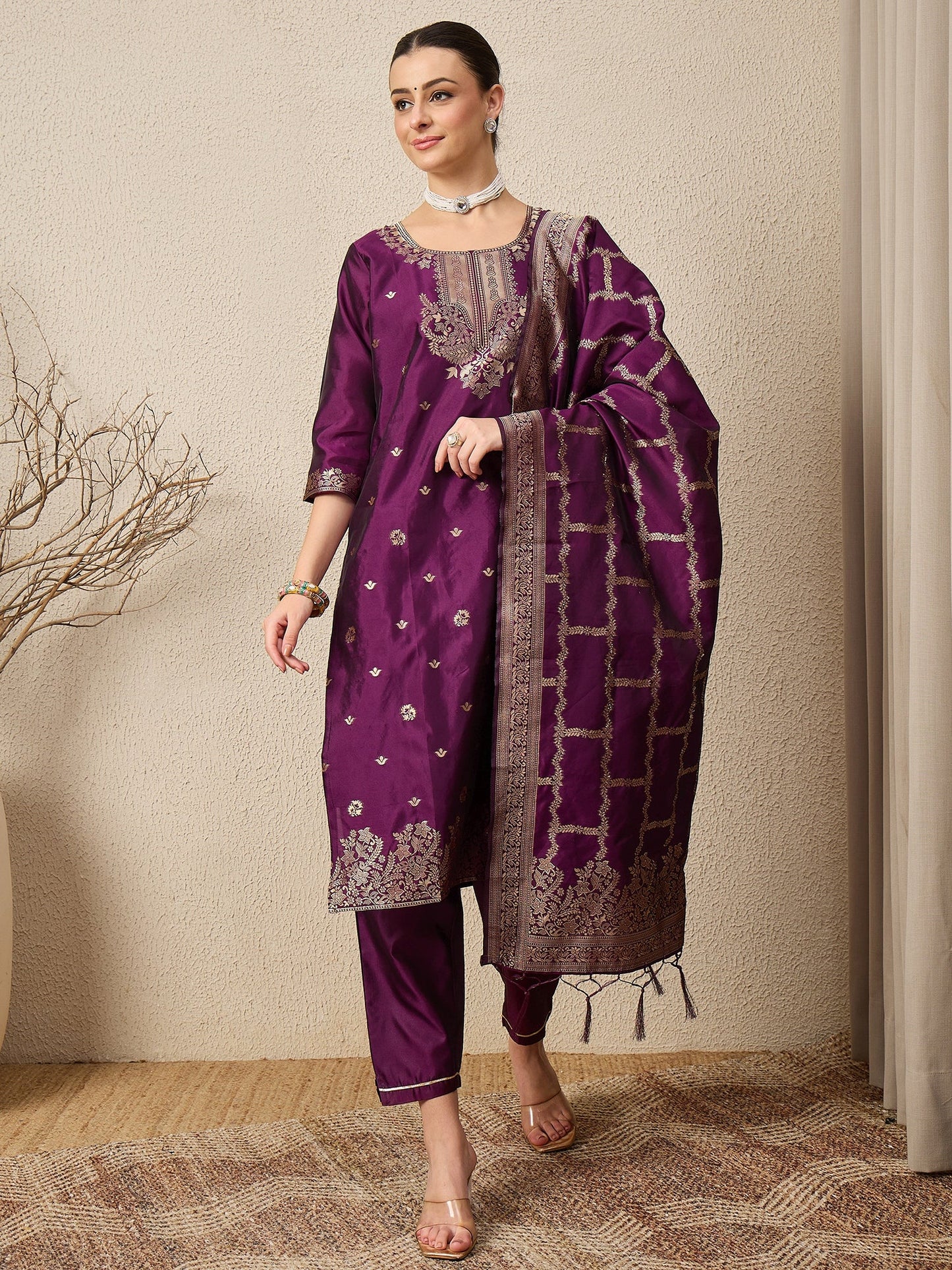 Wine Silk Jacquard Kurta Set with Dupatta