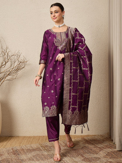 Wine Silk Jacquard Kurta Set with Dupatta