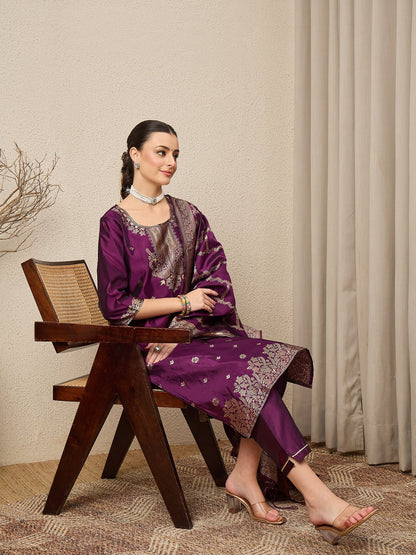Wine Silk Jacquard Kurta Set with Dupatta