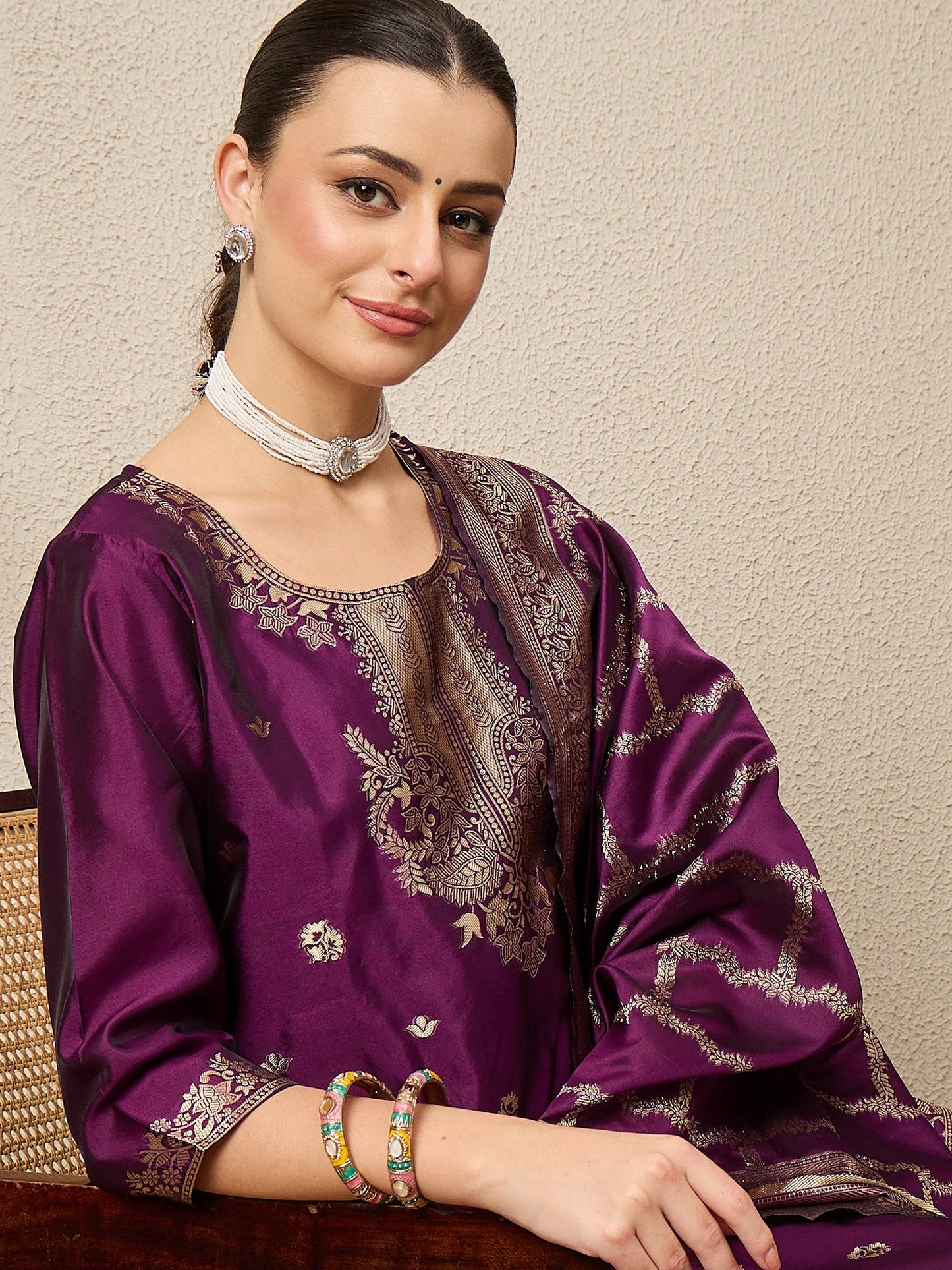 Wine Silk Jacquard Kurta Set with Dupatta