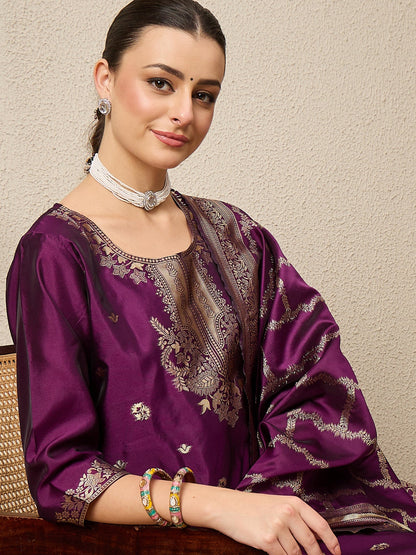 Wine Silk Jacquard Kurta Set with Dupatta