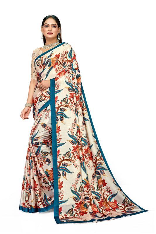 Bright Leaf Design Digital Print Satin Saree