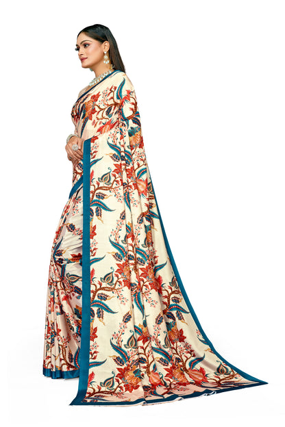 Bright Leaf Design Digital Print Satin Saree