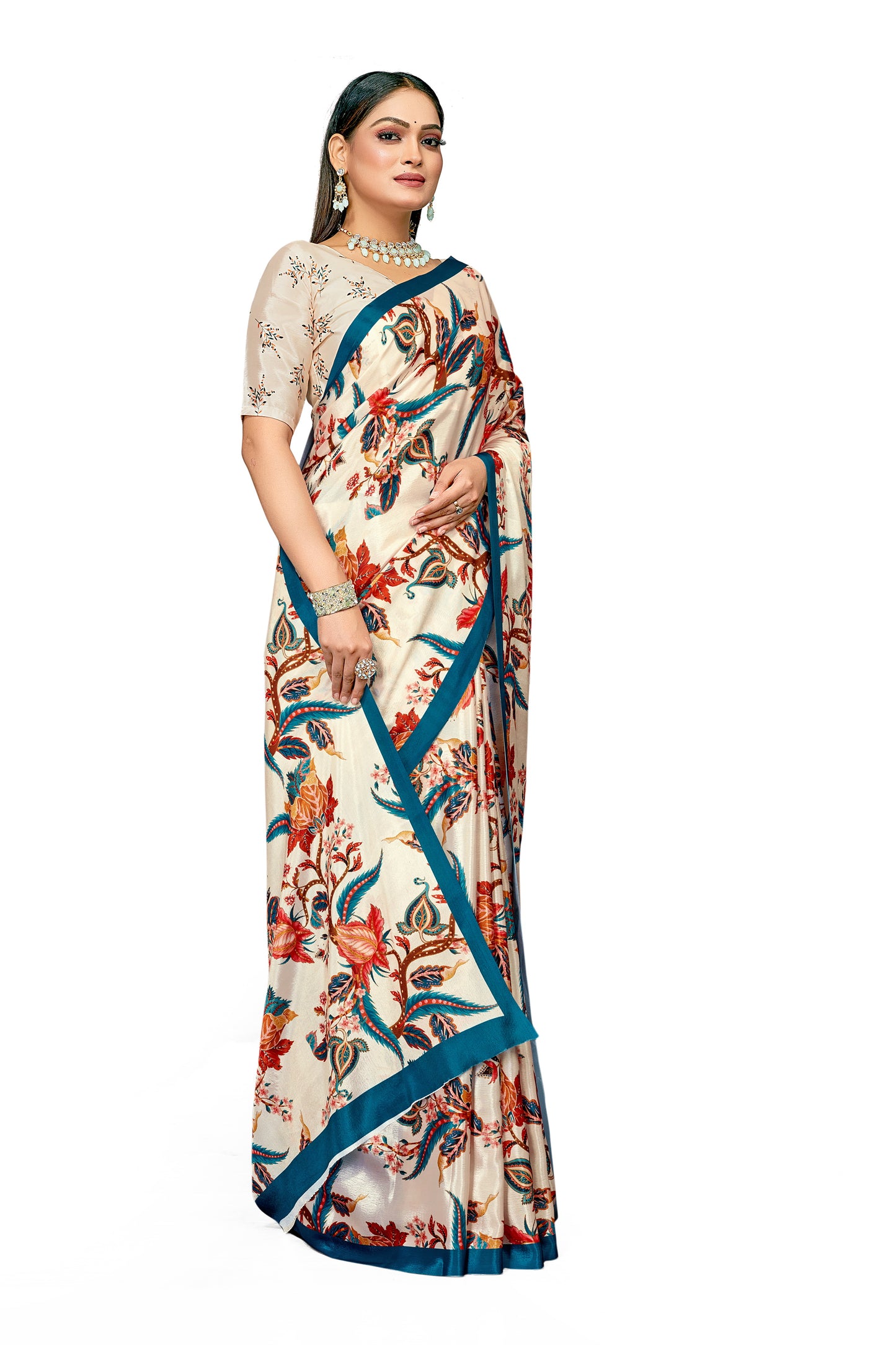 Bright Leaf Design Digital Print Satin Saree