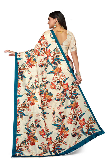 Bright Leaf Design Digital Print Satin Saree