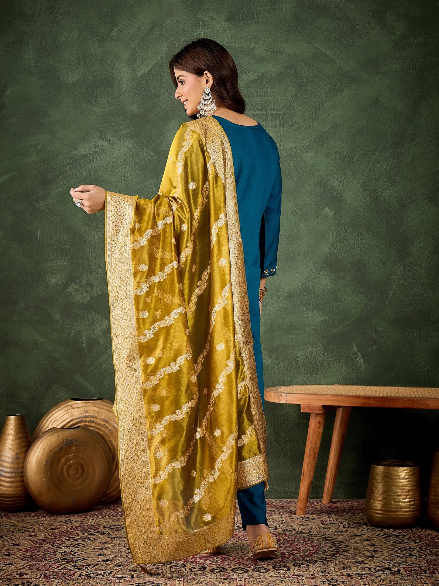 Stylish Teal Straight Kurta with Banarasi Dupatta