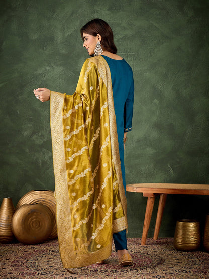 Stylish Teal Straight Kurta with Banarasi Dupatta