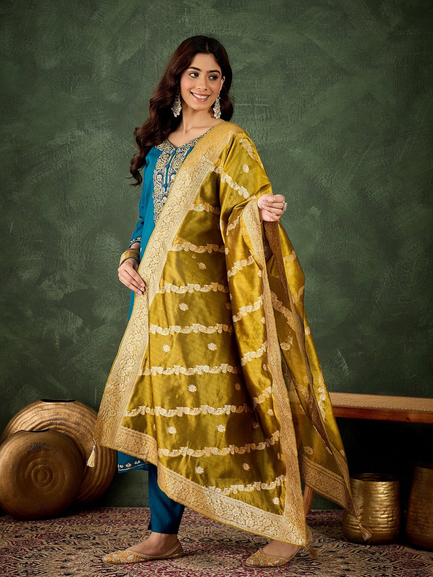 Stylish Teal Straight Kurta with Banarasi Dupatta