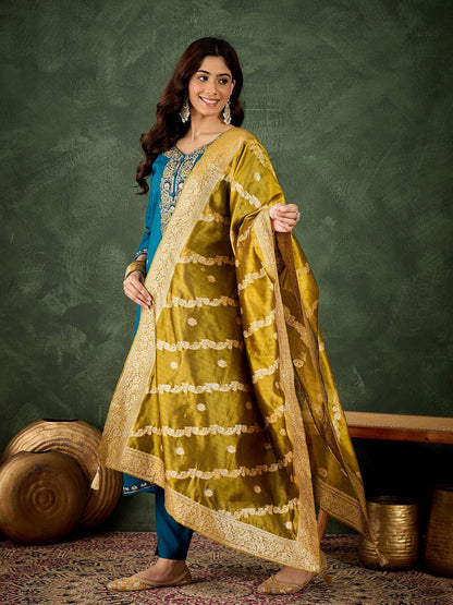 Stylish Teal Straight Kurta with Banarasi Dupatta