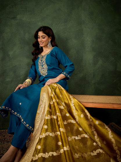 Stylish Teal Straight Kurta with Banarasi Dupatta