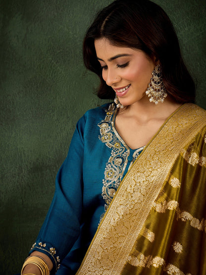 Stylish Teal Straight Kurta with Banarasi Dupatta