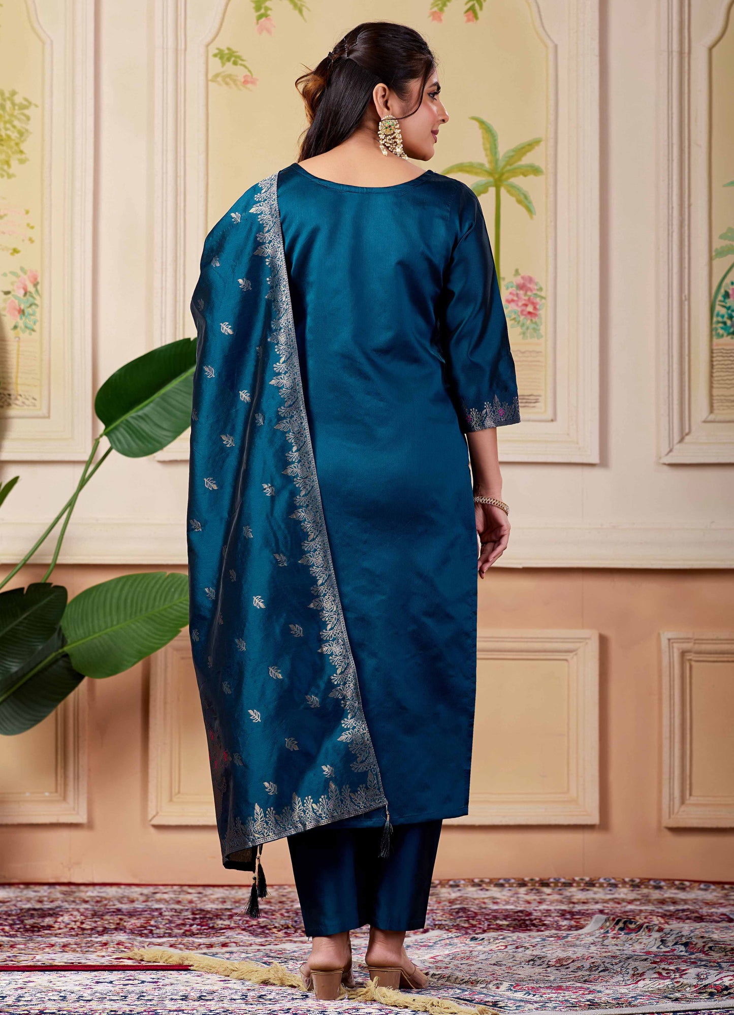 Designer Navy Women's Ethnic Suit Set | Jacquard Kurta Pant with Woven Dupatta