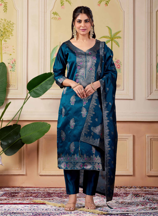 Designer Navy Women's Ethnic Suit Set | Jacquard Kurta Pant with Woven Dupatta