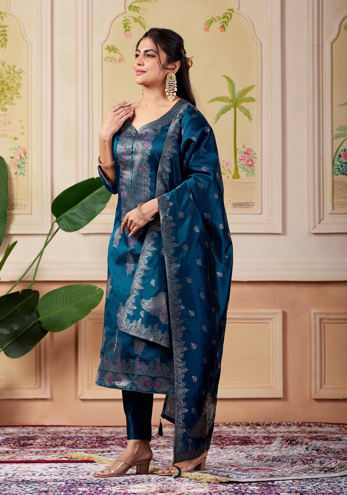 Designer Navy Women's Ethnic Suit Set | Jacquard Kurta Pant with Woven Dupatta