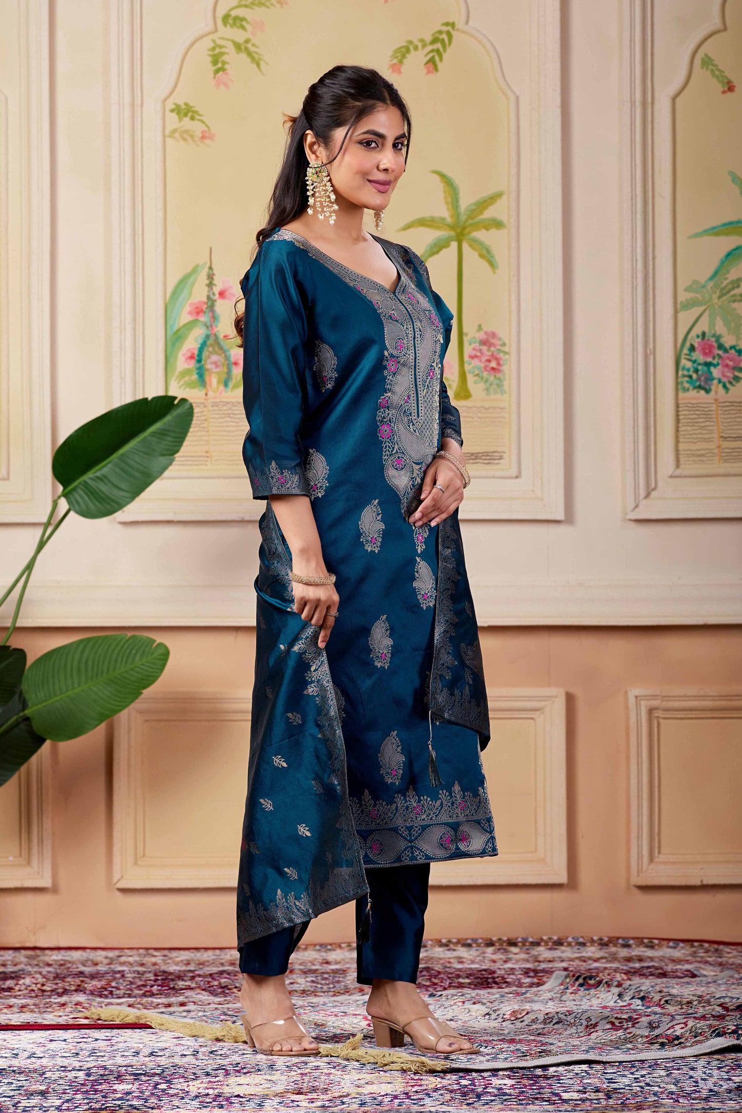 Designer Navy Women's Ethnic Suit Set | Jacquard Kurta Pant with Woven Dupatta