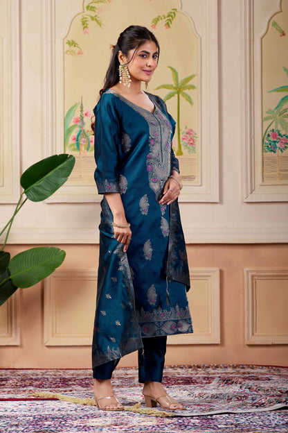 Designer Navy Women's Ethnic Suit Set | Jacquard Kurta Pant with Woven Dupatta