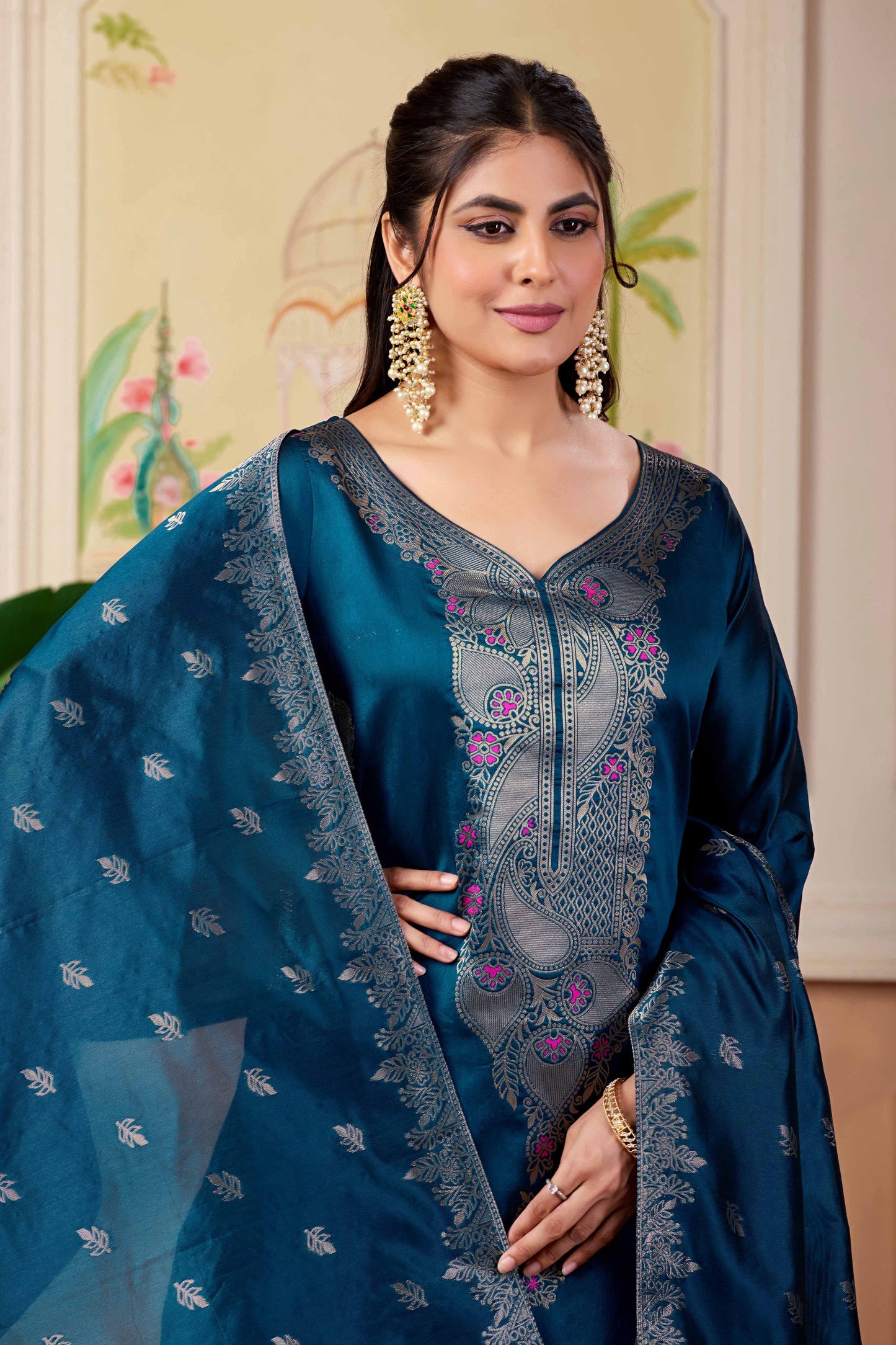 Designer Navy Women's Ethnic Suit Set | Jacquard Kurta Pant with Woven Dupatta