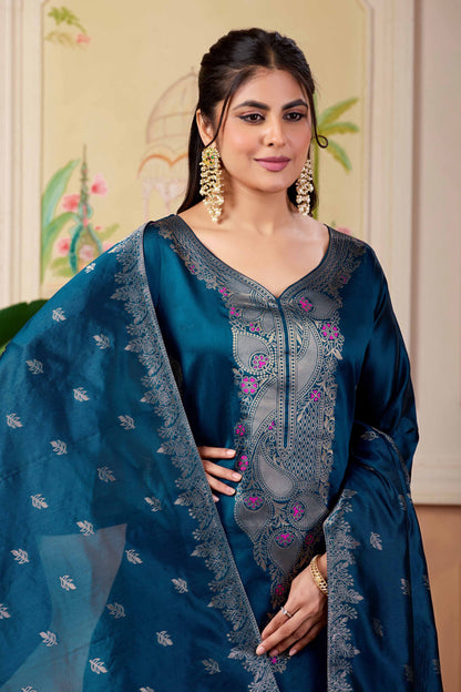 Designer Navy Women's Ethnic Suit Set | Jacquard Kurta Pant with Woven Dupatta