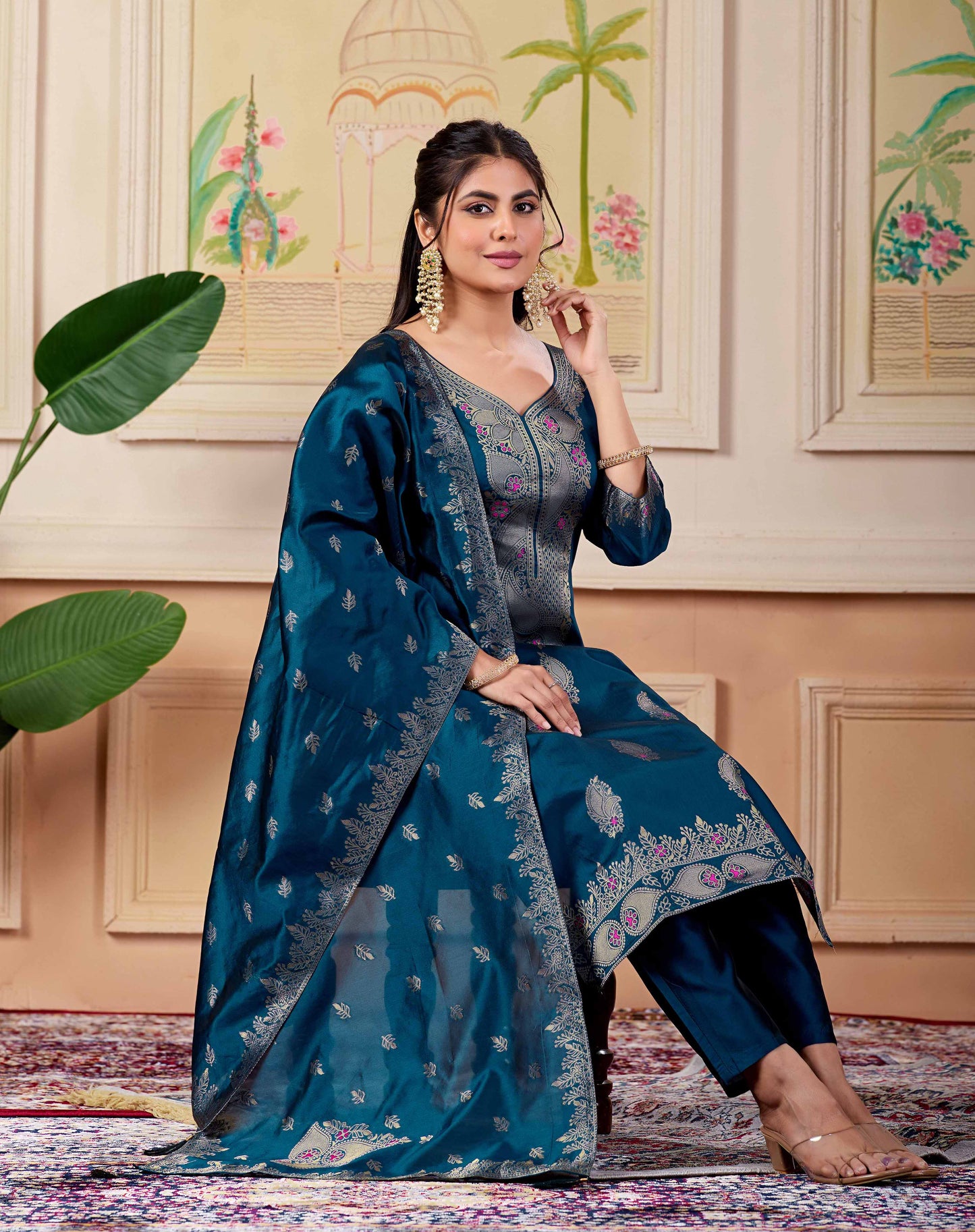 Designer Navy Women's Ethnic Suit Set | Jacquard Kurta Pant with Woven Dupatta