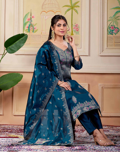 Designer Navy Women's Ethnic Suit Set | Jacquard Kurta Pant with Woven Dupatta