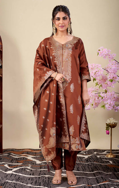 Elegant Brown Embroidered Kurta Set with Dupatta | Wedding & Festive Wear for Women