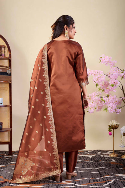 Elegant Brown Embroidered Kurta Set with Dupatta | Wedding & Festive Wear for Women