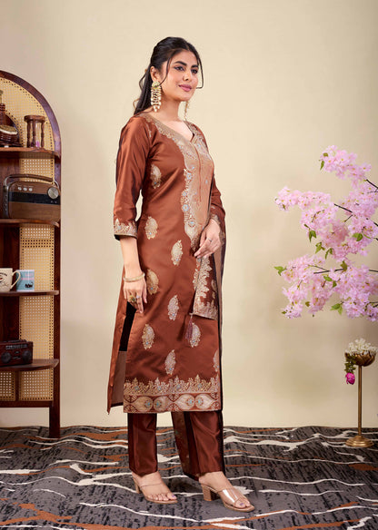 Elegant Brown Embroidered Kurta Set with Dupatta | Wedding & Festive Wear for Women