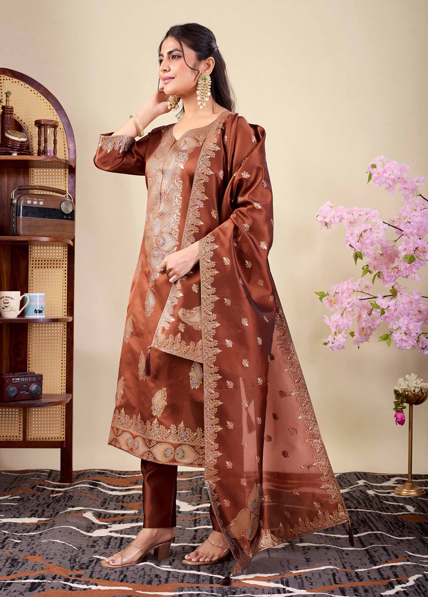 Elegant Brown Embroidered Kurta Set with Dupatta | Wedding & Festive Wear for Women