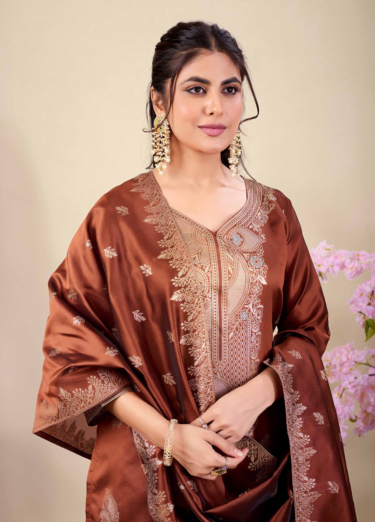 Elegant Brown Embroidered Kurta Set with Dupatta | Wedding & Festive Wear for Women