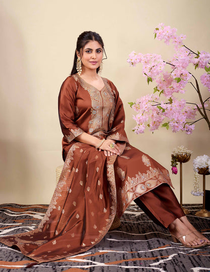 Elegant Brown Embroidered Kurta Set with Dupatta | Wedding & Festive Wear for Women