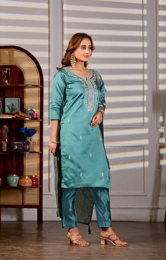 Women’s Sea Green Silk Embroidery Kurta Pant Set with Jacquard Dupatta | Festive Ethnic Wear