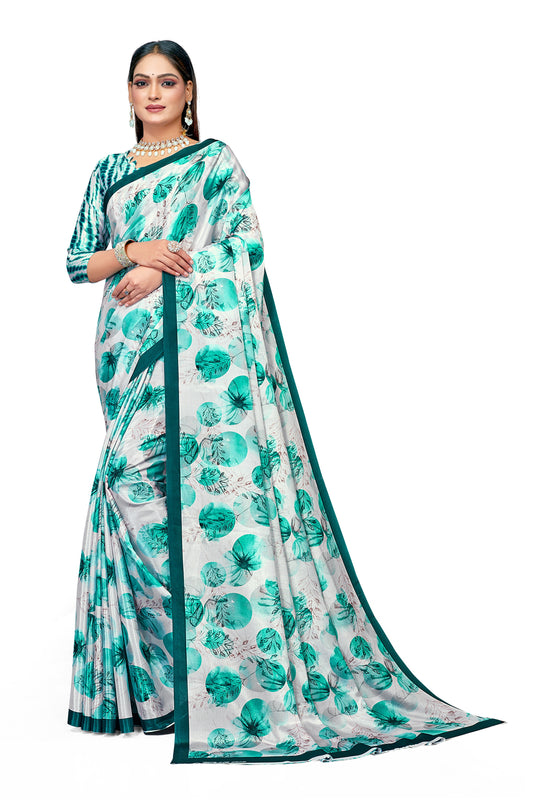 Sky Blue Leaf Designer Digital Print Satin Saree For Women