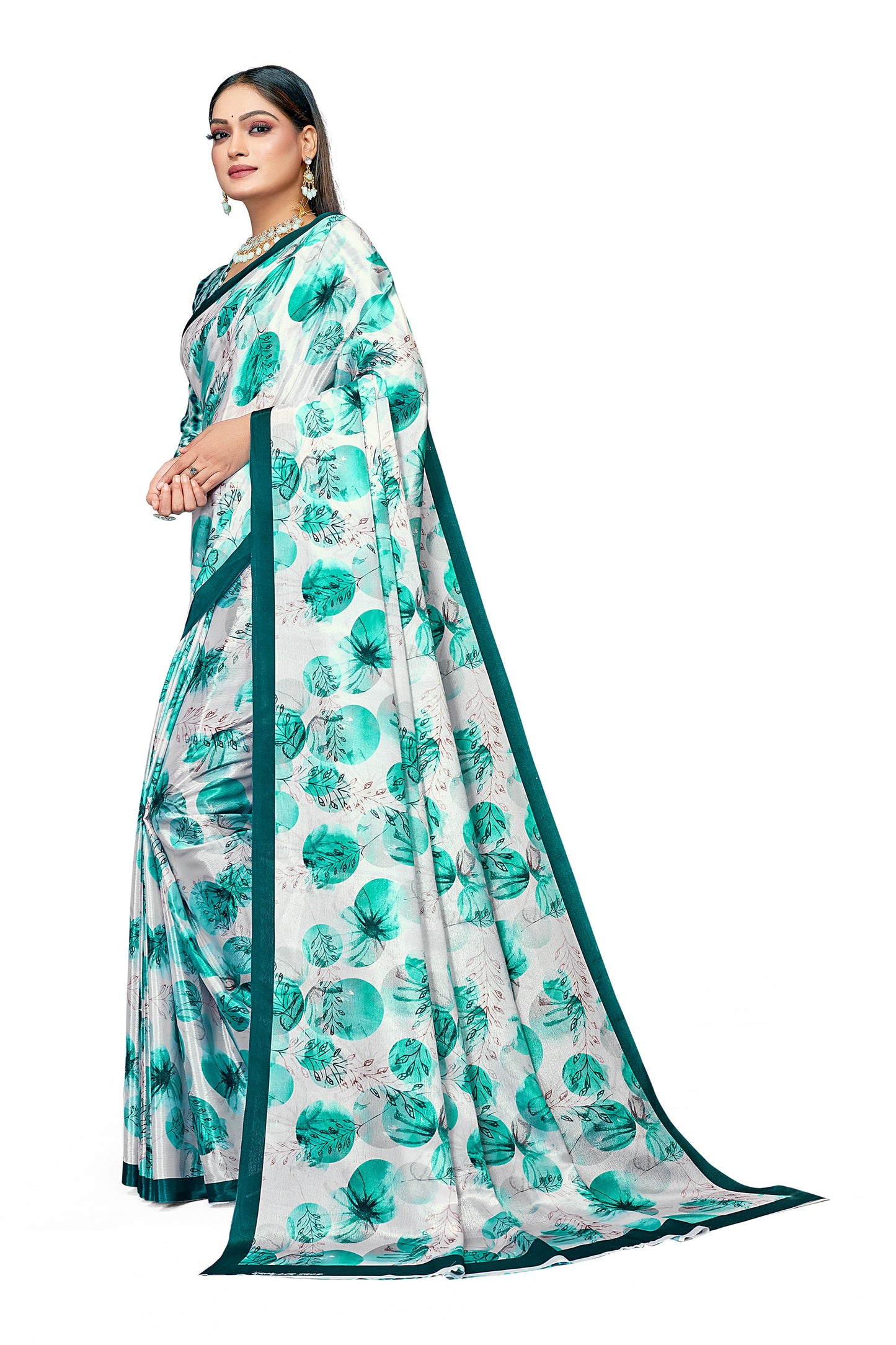 Sky Blue Leaf Designer Digital Print Satin Saree For Women