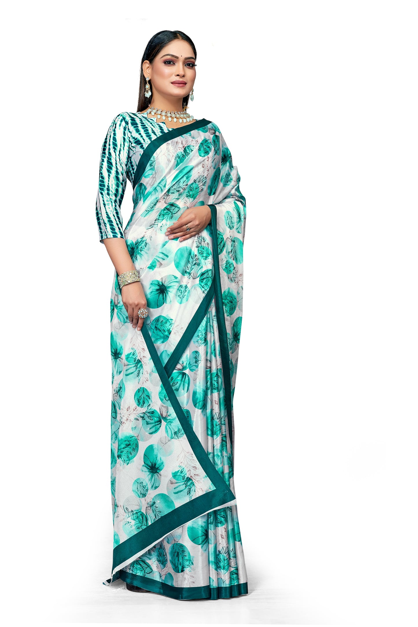 Sky Blue Leaf Designer Digital Print Satin Saree For Women