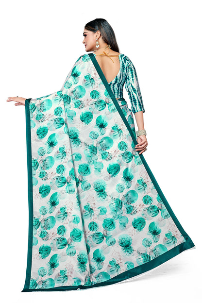 Sky Blue Leaf Designer Digital Print Satin Saree For Women