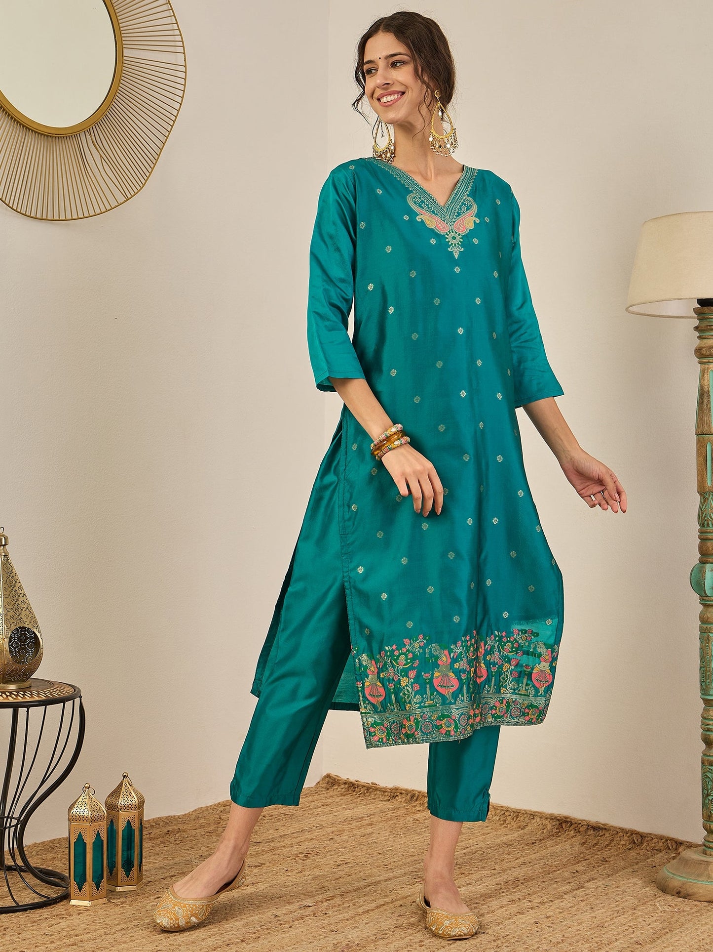 Women’s Party Wear Teal Blue Straight Kurta Set with Ethnic Dupatta