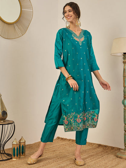 Women’s Party Wear Teal Blue Straight Kurta Set with Ethnic Dupatta