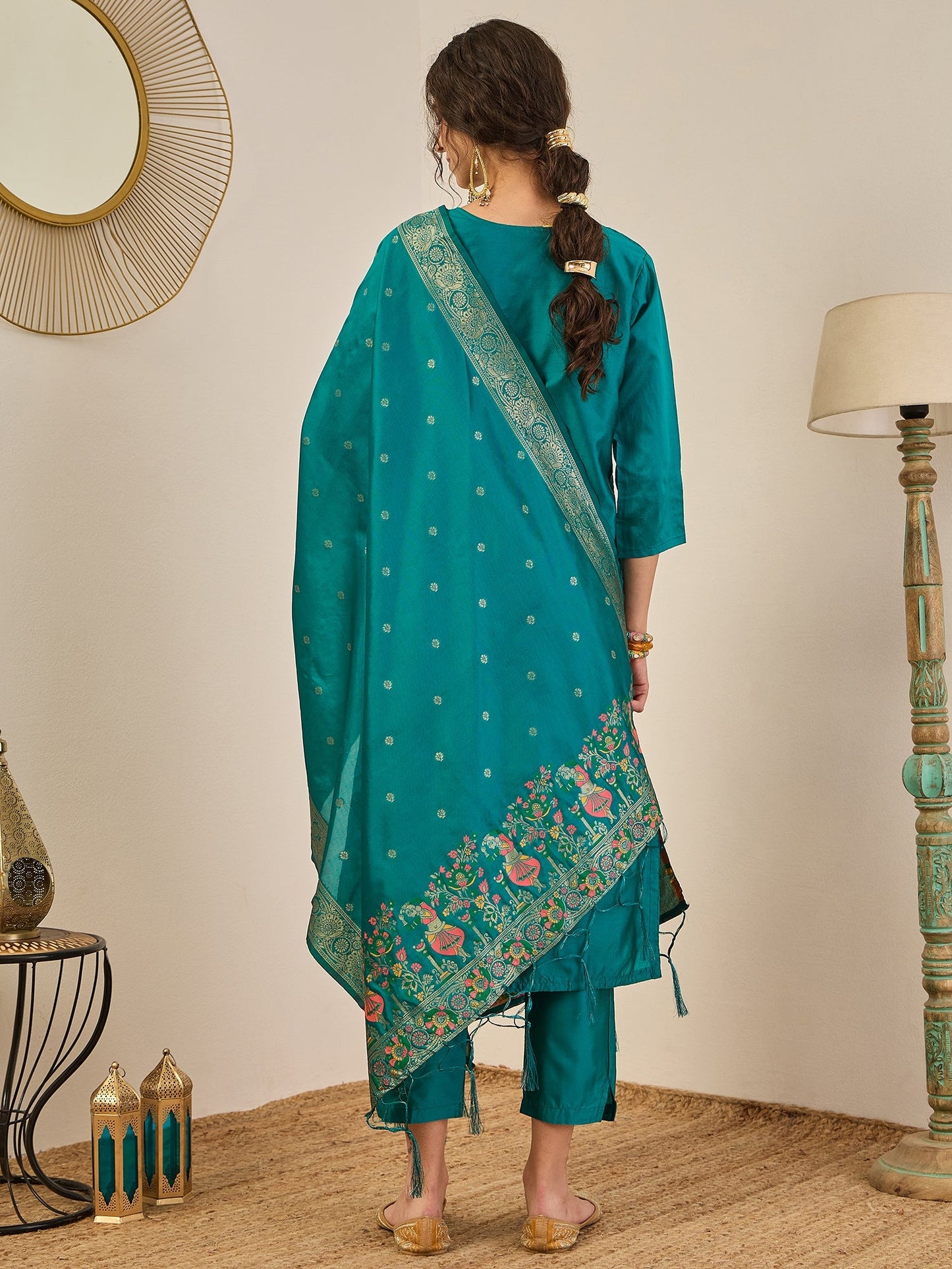 Women’s Party Wear Teal Blue Straight Kurta Set with Ethnic Dupatta
