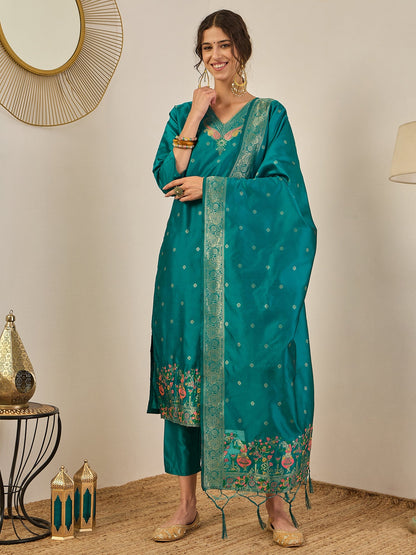 Women’s Party Wear Teal Blue Straight Kurta Set with Ethnic Dupatta