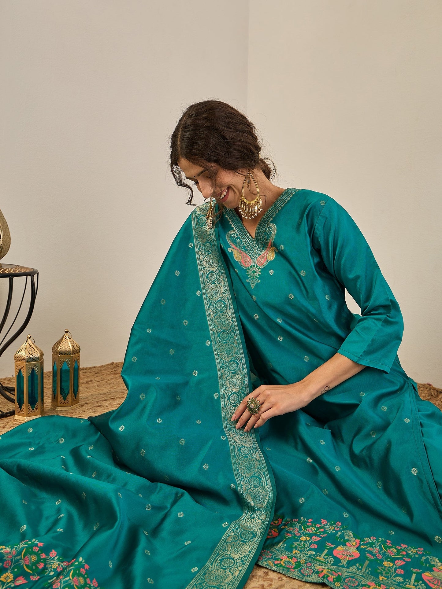Women’s Party Wear Teal Blue Straight Kurta Set with Ethnic Dupatta