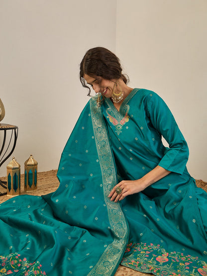 Women’s Party Wear Teal Blue Straight Kurta Set with Ethnic Dupatta