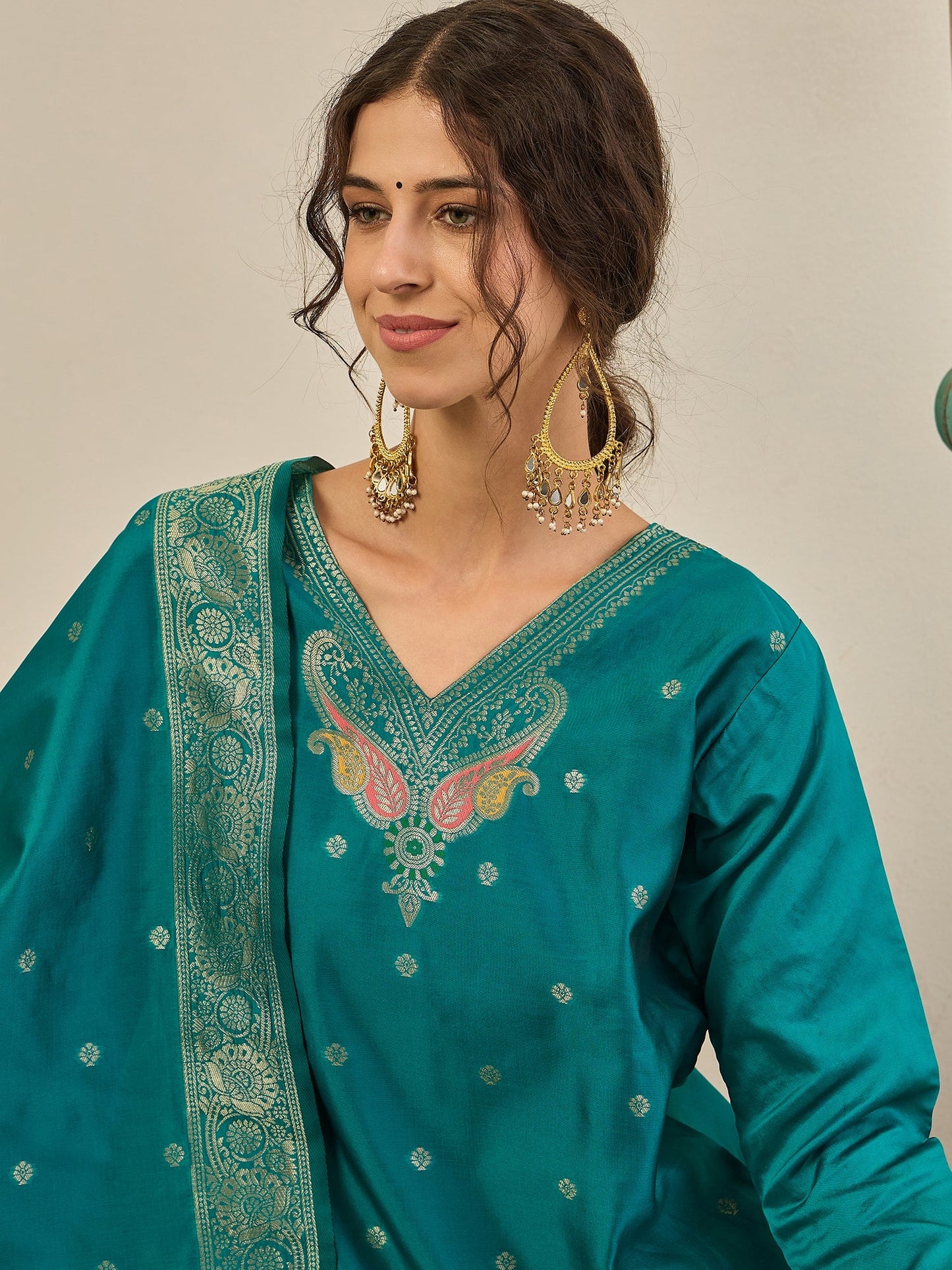 Women’s Party Wear Teal Blue Straight Kurta Set with Ethnic Dupatta