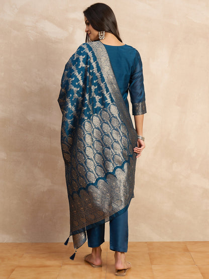 Women’s Teal Blue Embroidered Kurta Pant Set with Jacquard Dupatta