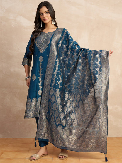 Women’s Teal Blue Embroidered Kurta Pant Set with Jacquard Dupatta