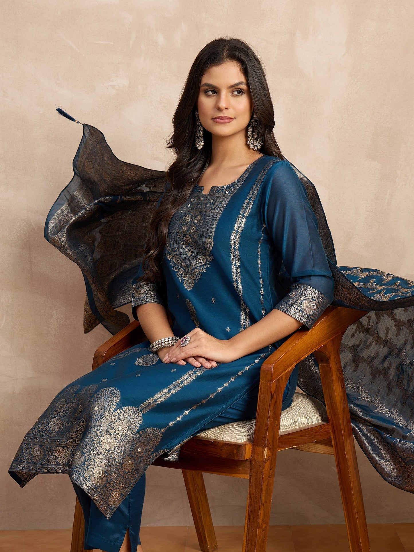 Women’s Teal Blue Embroidered Kurta Pant Set with Jacquard Dupatta